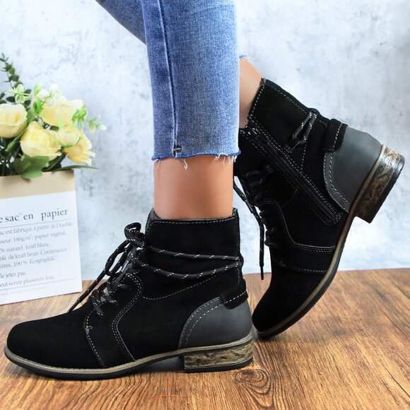 Women's Black Genuine Leather Suede Ankle Lace Bootie with Side Zipper - Picture 3 of 10